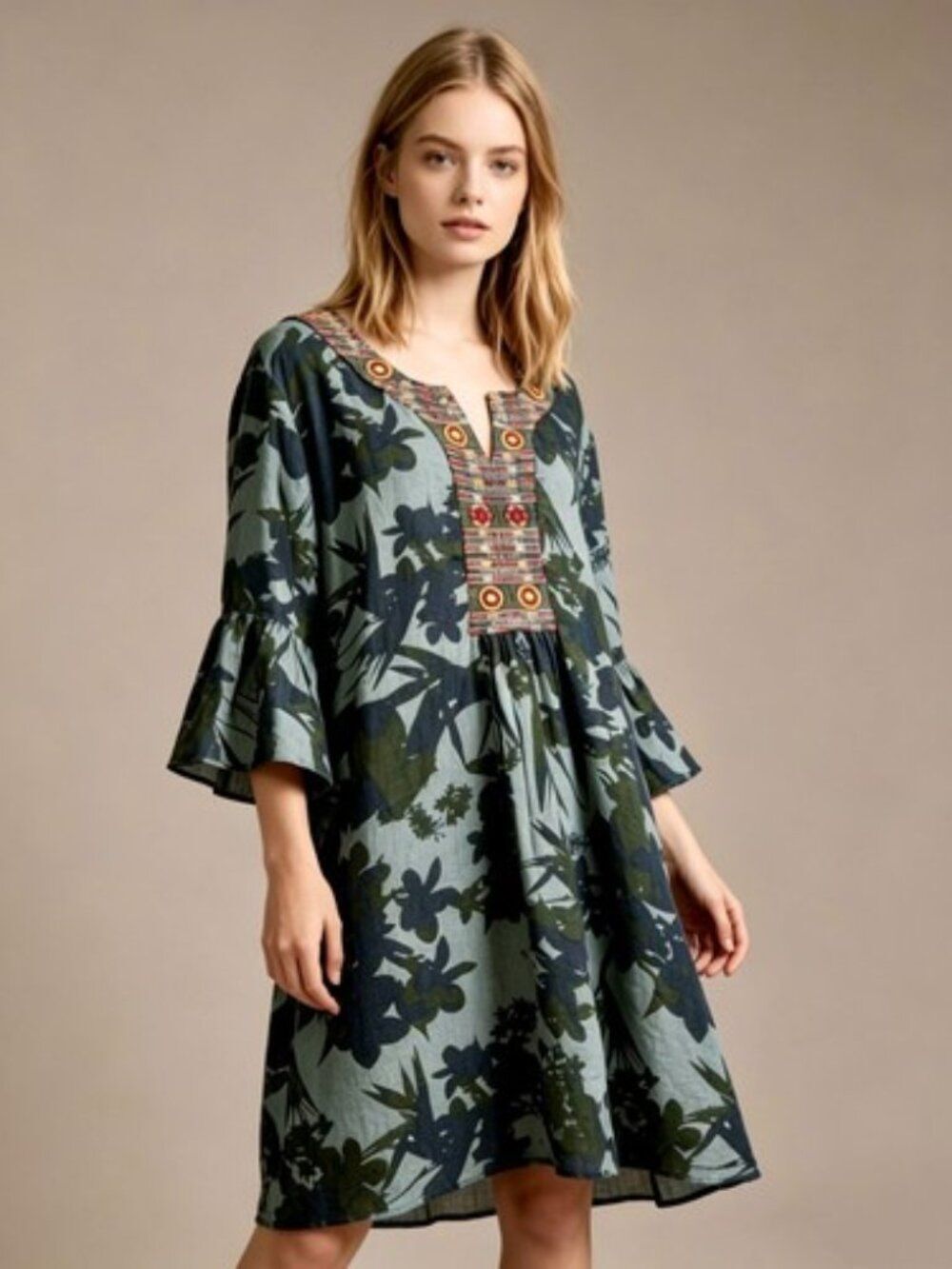 🦋JOHNNY WAS 🦋 Botanical Flare Sleeve Tunic Embroidered Dress - [Small]
